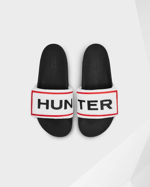Hunter Terry Towelling Logo Adjustable Papuce Zenske - Bijele/Crne | LN67-8I6